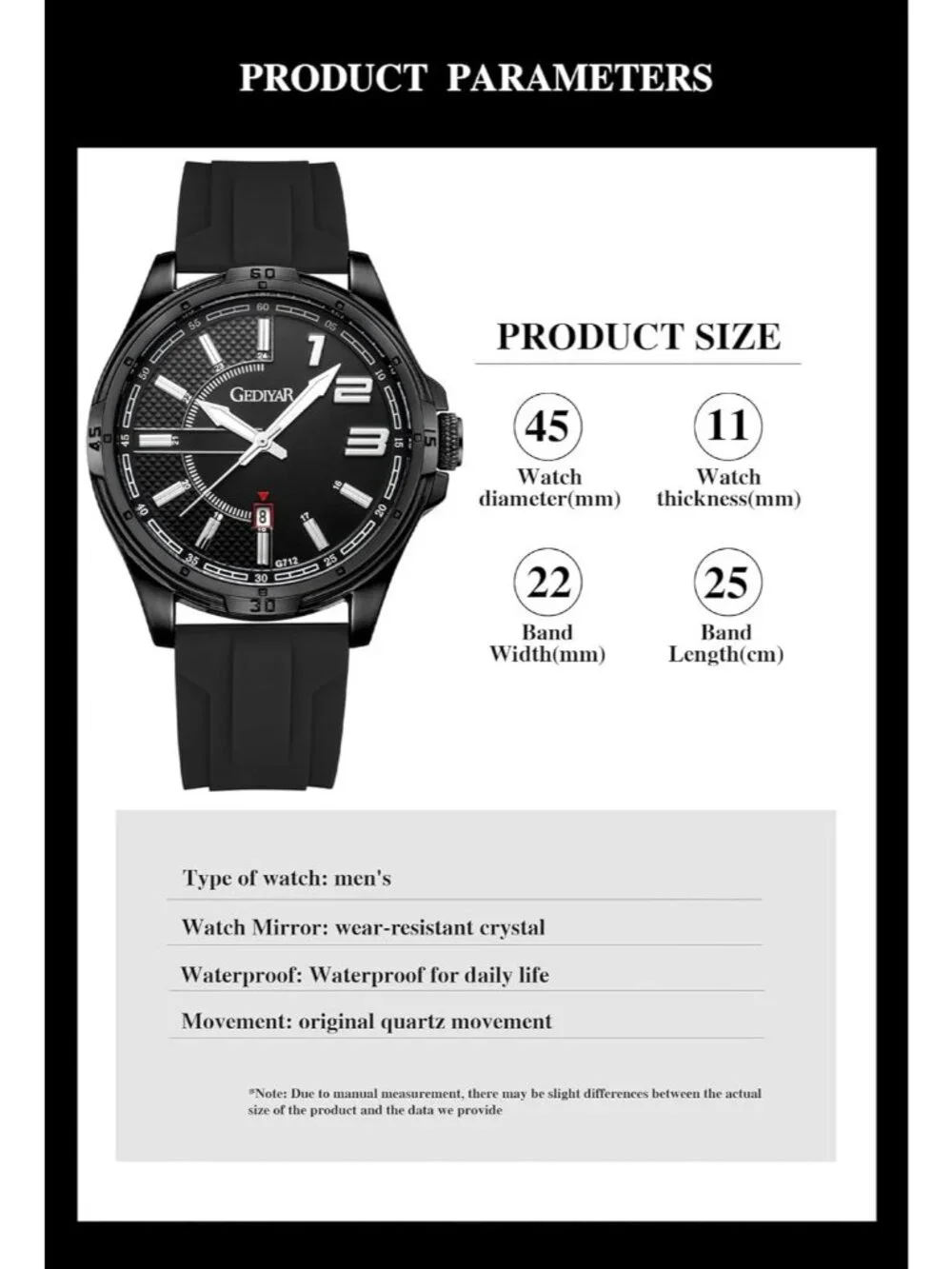 Men's Black Analog Quartz Sports Silicone Strap Waterproof Classic Wrist Watch